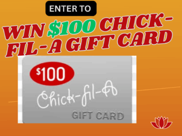 $100 Chick-fil-A Gift Card giveaway promotion with chicken sandwich, waffle fries, and drink — enter with email and ZIP code.